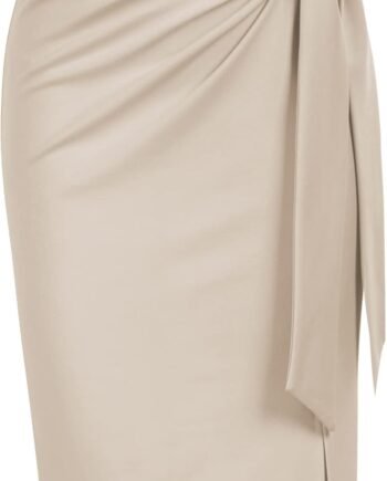 Women Skirt Elastic High Waist Bow Tie Knee Length Stretch Bodycon Pencil Skirts with Slit