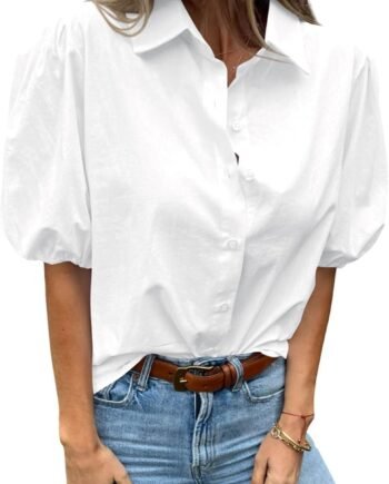 Women Short Puff Sleeve Tops V Neck Collared Button Down Shirt Dressy Casual Blouse T Shirt