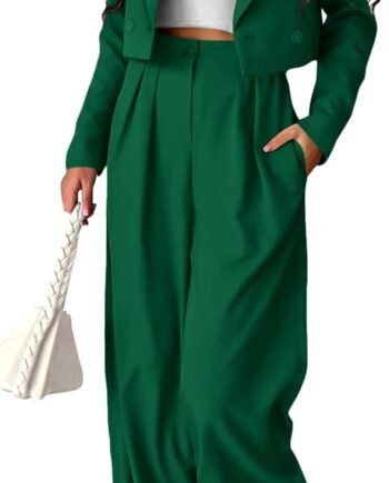 Women 2 Piece Casual Outfits Cropped Blazer Jackets High Waisted Wide Leg Work Pants Suit Set