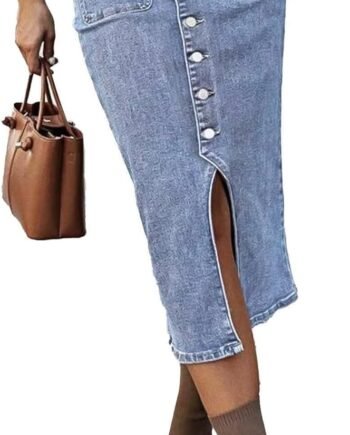 Denim Midi Skirt for Women Pencil High Rise Vintage Button Fly Front Stretch Long Jean Skirts with Slit