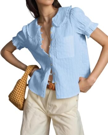 Women Peter Pan Collar Shirt Short Puff Sleeve Button Down Blouse Tops 2025 Summer Casual Stripped Shirts
