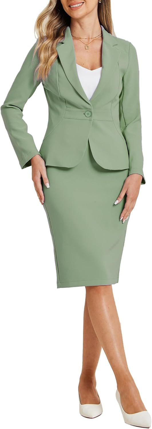 Women 2 Piece Suit Skirt Set Business Casual Long Sleeve Blazer and Pencil Skirt