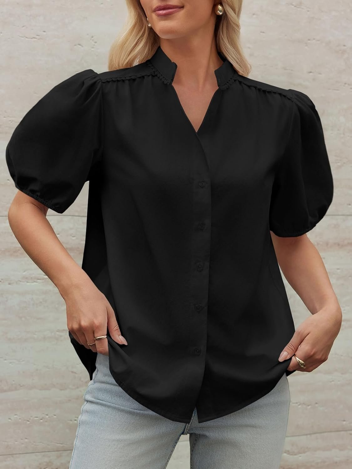 Women Puff Sleeve Button Down Shirts Cotton Pleated Loose Fit Tops Summer Dressy Casual Blouses