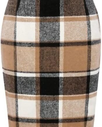 Plaid Skirts for Women Fall Winter Knee Length Pencil Wool Skirt with Slit