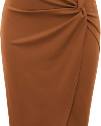 Wear to Work Pencil Skirts for Women Elastic High Waist Wrap Front Knee Length Bodycon Skirt Tummy Control