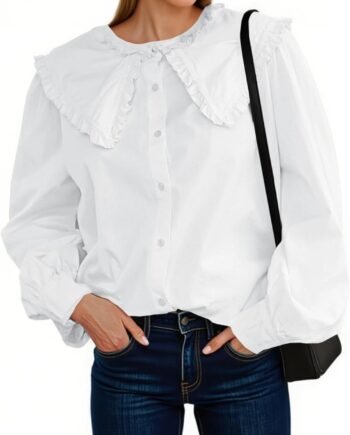 Women Button Down Shirts Cotton Puff Sleeve Babydoll Blouse Fall Casual Doll Collar Tops