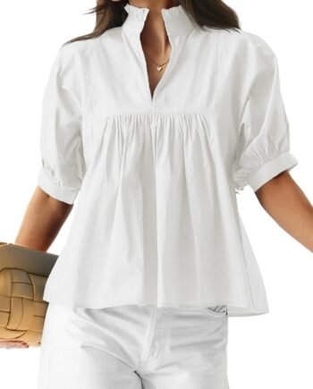 Women Puff Sleeve V Neck Blouse Babydoll Peplum Tops Dressy Casual Pleated Loose Fit Shirts