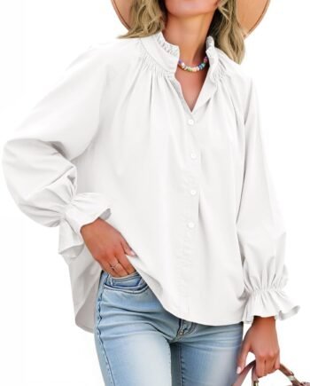 Women Puff Long Sleeve Button Down Shirts Pleated V Neck Cotton Blouses Loose Fit Casual Ruffle Tops