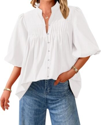 Women 2025 Summer Short Lantern Sleeve Tops Loose Fit Button Down Shirt Pleated V Neck Blouses Trendy Clothes