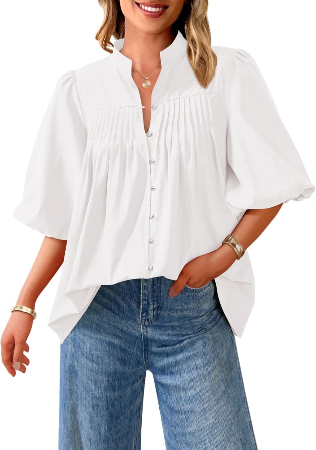Women 2025 Summer Short Lantern Sleeve Tops Loose Fit Button Down Shirt Pleated V Neck Blouses Trendy Clothes