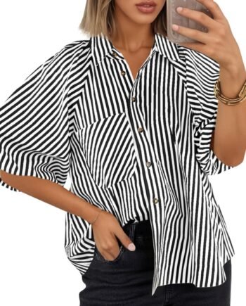 Women Short Puff Sleeve Button Down Shirts Striped Trendy Casual Loose Fit Blouse V Neck Collared Tops
