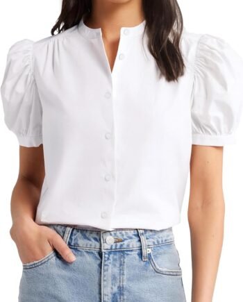 Women Puff Sleeves Button Down Shirt Classic Elegant Short Shleeves Blouse Casual Tops