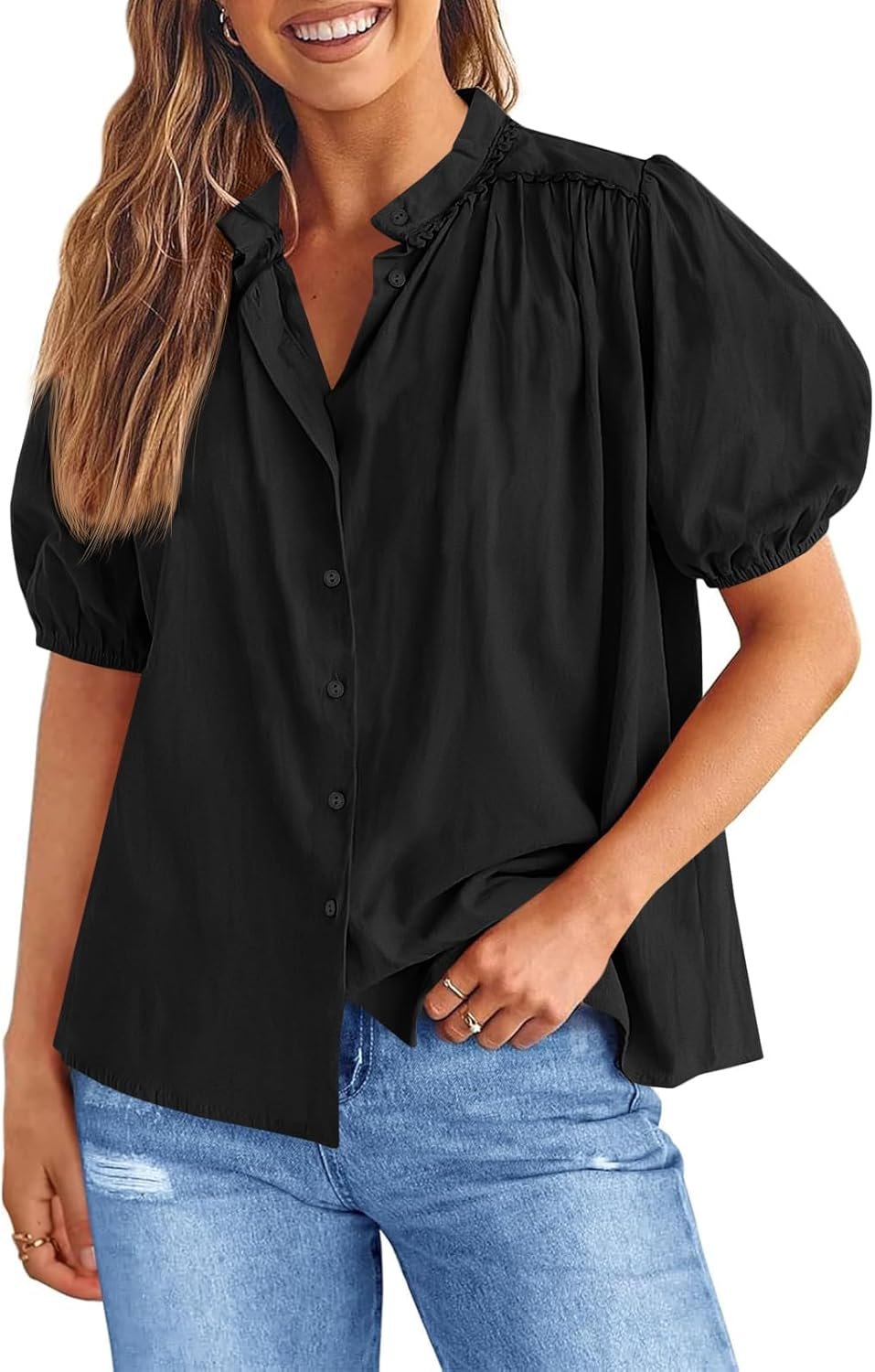 Women Puff Sleeve Button Down Shirts Cotton Pleated Loose Fit Tops Summer Dressy Casual Blouses
