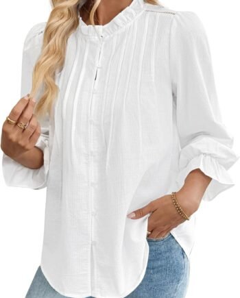 Women Puff Long Sleeve Shirt Textured Button Down Cotton Work Blouse Eyelet Ruffle Collar Dressy Casual Tops
