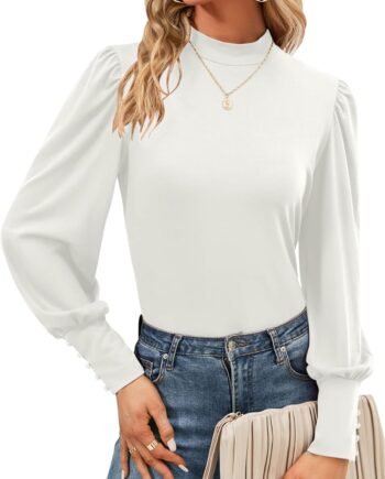 Women Mock Neck Puff Long Sleeve Tops Casual Loose Solid Basic T Shirt Button Cuffs Pullovers Shirts Blouse