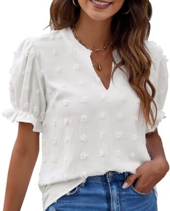 Women Puff Sleeve Casual Tops Fashion White Polka Dot Blouses Dressy Ladies Summer Tops