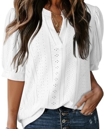 Women Summer Business Casual Blouses V Neck Short Sleeve Shirts Hollow Out Cute Lace Tops