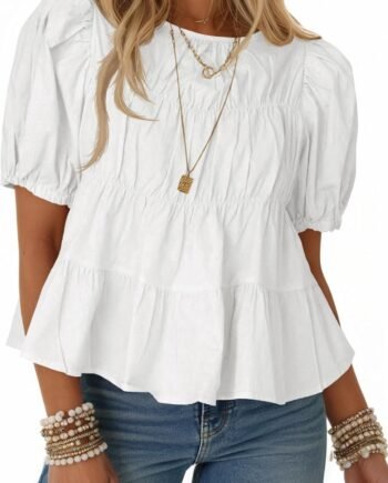 Women Puff Sleeve Peplum Babydoll Tops Summer Smoked Pleated Cotton T-Shirts Casual Loose Fit Flowy Blouse