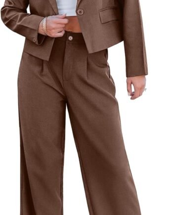 Suits for Women 2 Piece Sets Business Casual Outfits Dressy Cropped Blazer Wide Leg Pants Suit Office Work