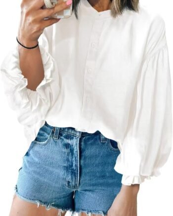 Women Puff Sleeve Tops Button Down Ruffle Shirts Flowy Pleated Cotton Blouse