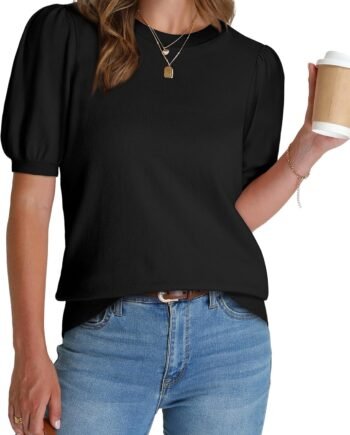 Women Puff Short Sleeve Sweater 2025 Spring Summer Tops Trendy Business Casual Outfits Work Blouses Clothes