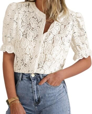 Women 2025 Spring Lace Tops Short Puff Sleeve Casual Dressy Blouses Eyelet Crew Neck Button Down Shirts