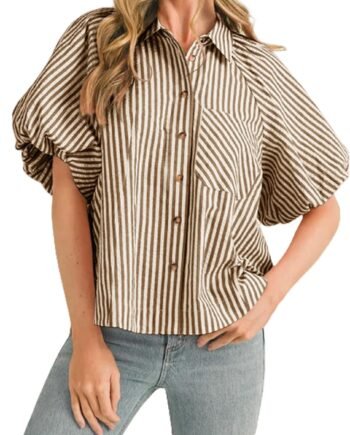 Women Striped Button Down Shirt Puff Sleeve Collared V Neck Loose Casual Dressy Blouse Top
