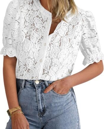 Women 2025 Spring Lace Tops Short Puff Sleeve Casual Dressy Blouses Eyelet Crew Neck Button Down Shirts