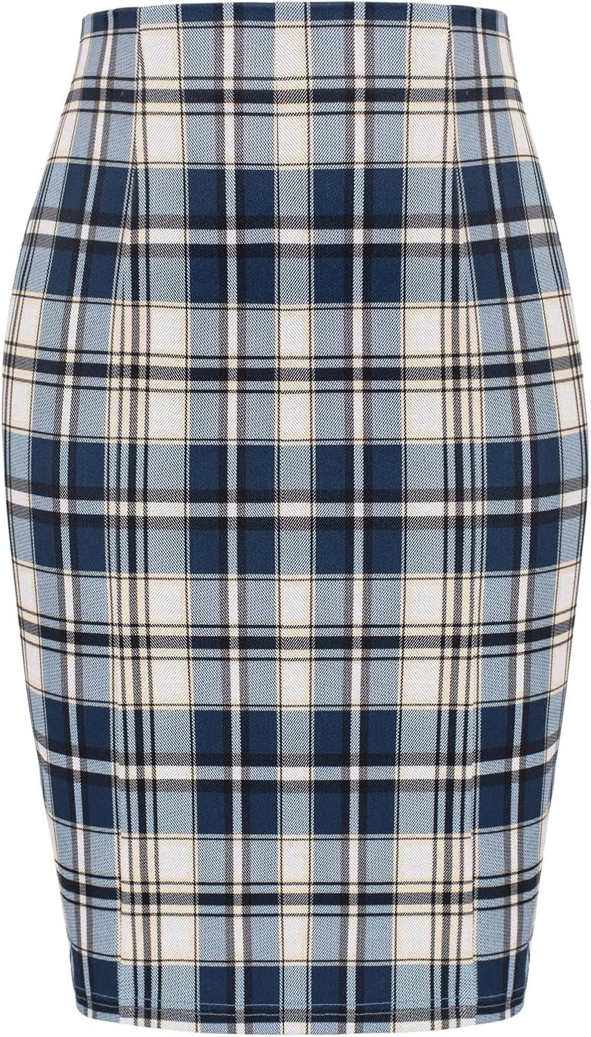 Women Knee Length Elastic Waist Stretchy Bodycon Plaid Business Pencil Skirt