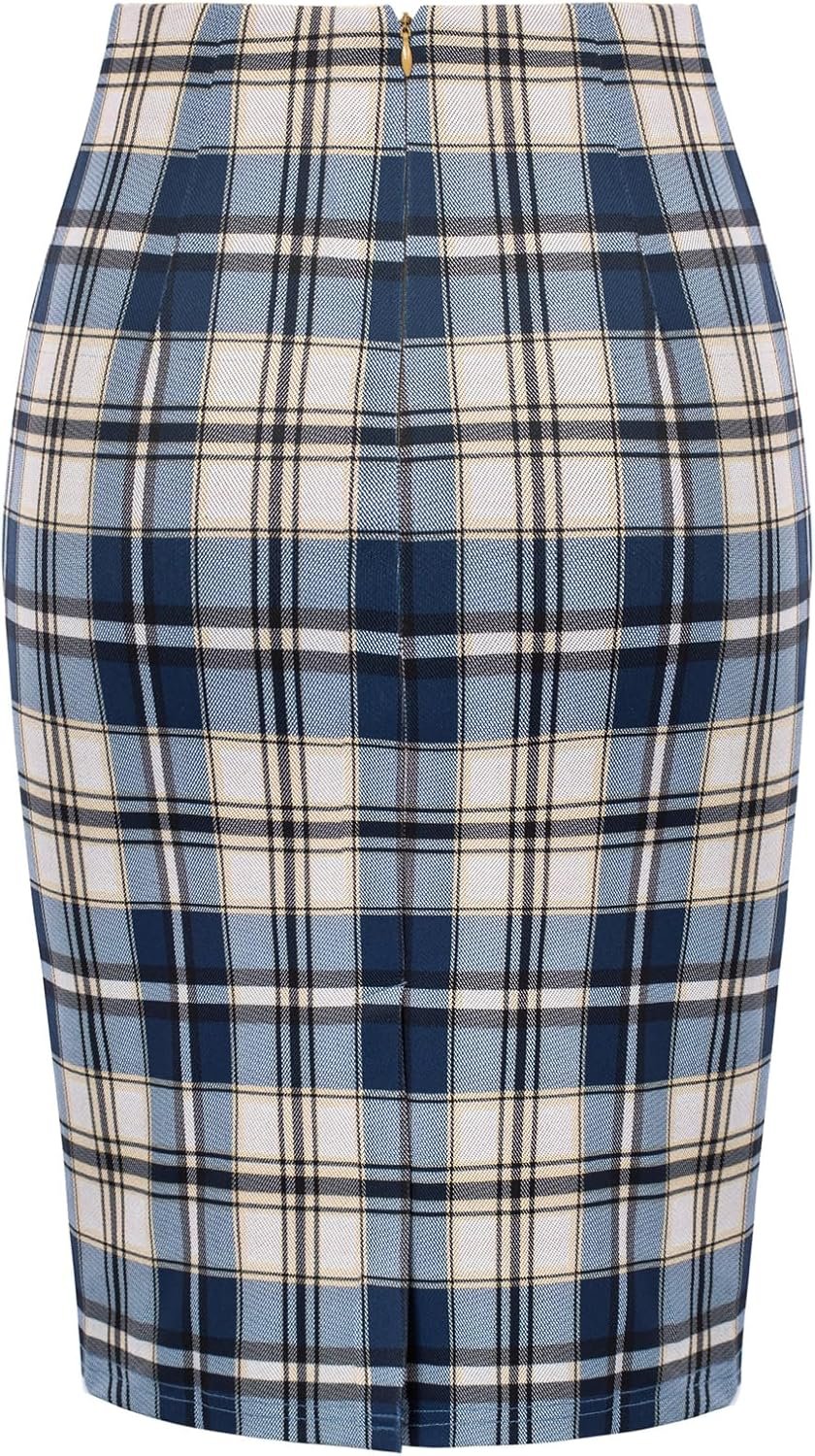 Women Knee Length Elastic Waist Stretchy Bodycon Plaid Business Pencil Skirt